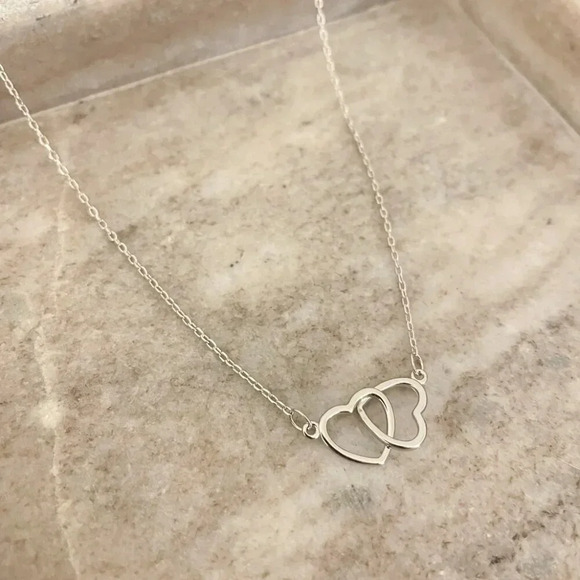 925 Sterling Silver Double Heart Linked Necklace Interlocking Hearts Necklace - Picture 1 of 16
